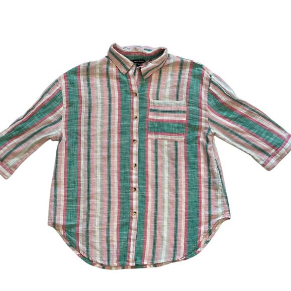 Unique Spectrum Cotton Pastel Striped 3/4 Sleeve Button Down Shirt, Pocket, S - Picture 8 of 13